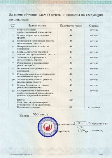 Образец приложения оборотная сторона (аттестационная работа) по программе Экспертиза качества ремонта транспортных средств