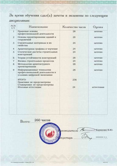 Образец приложения оборотная сторона (аттестационная работа) по программе Проектирование и конструирование зданий и сооружений