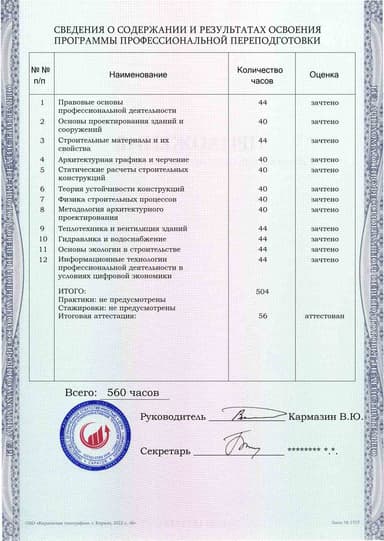 Образец приложения оборотная сторона (итоговое тестирование) по программе Проектирование и конструирование зданий и сооружений