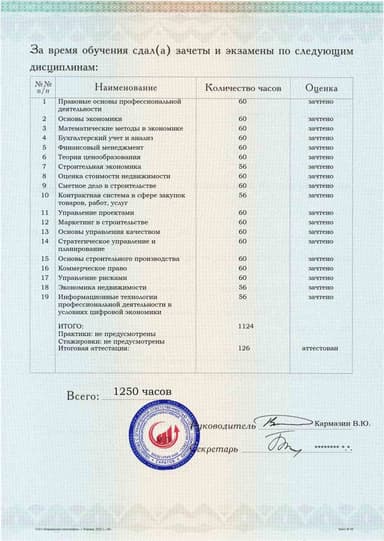 Образец приложения оборотная сторона (аттестационная работа) по программе Ценообразование и сметное дело
