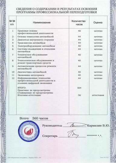 Образец приложения оборотная сторона (итоговое тестирование) по программе Автомеханик
