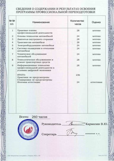 Образец приложения оборотная сторона (итоговое тестирование) по программе Автомеханик