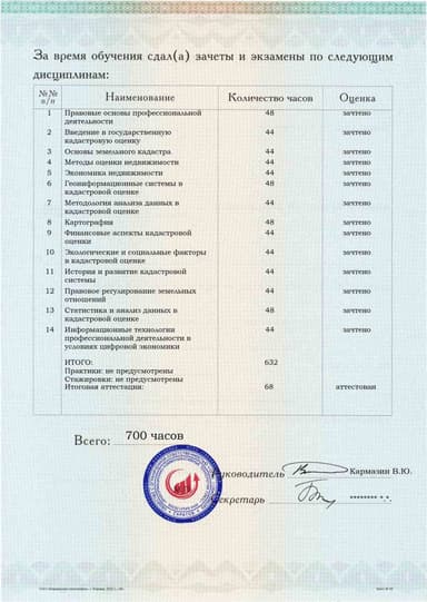 Образец приложения оборотная сторона (аттестационная работа) по программе Государственная кадастровая оценка