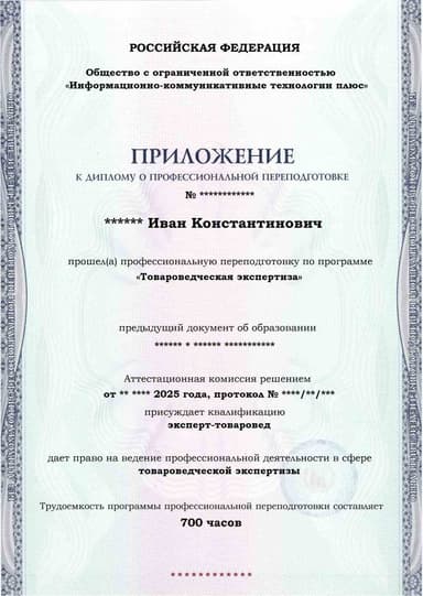 Образец приложения лицевая сторона (итоговое тестирование) по программе Товароведческая экспертиза