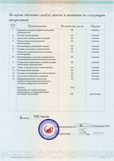 Образец приложения оборотная сторона (аттестационная работа) по программе Иппотерапия