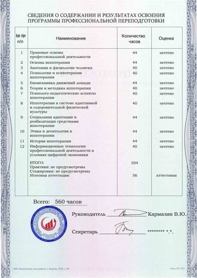 Образец приложения оборотная сторона (итоговое тестирование) по программе Иппотерапия
