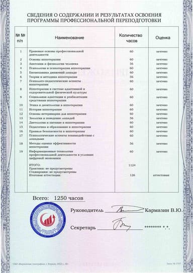 Образец приложения оборотная сторона (итоговое тестирование) по программе Иппотерапия