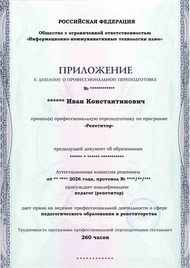 Образец приложения лицевая сторона (итоговое тестирование) по программе Репетитор