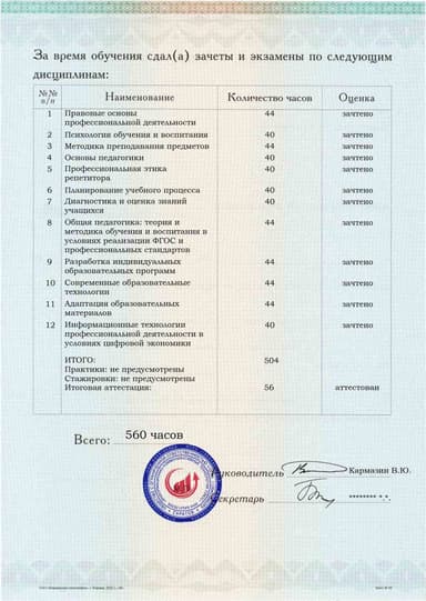 Образец приложения оборотная сторона (аттестационная работа) по программе Репетитор