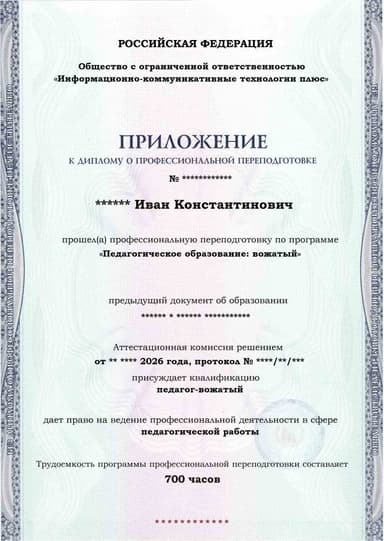 Образец приложения лицевая сторона (итоговое тестирование) по программе Педагогическое образование: вожатый