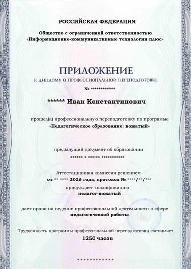 Образец приложения лицевая сторона (итоговое тестирование) по программе Педагогическое образование: вожатый