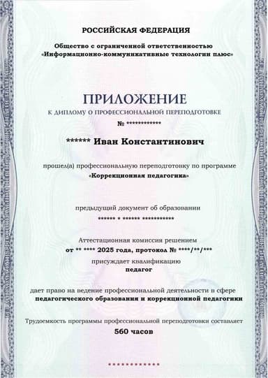 Образец приложения лицевая сторона (итоговое тестирование) по программе Коррекционная педагогика