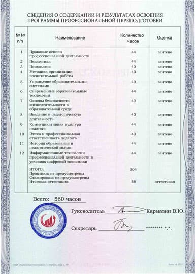 Образец приложения оборотная сторона (итоговое тестирование) по программе Педагог-организатор
