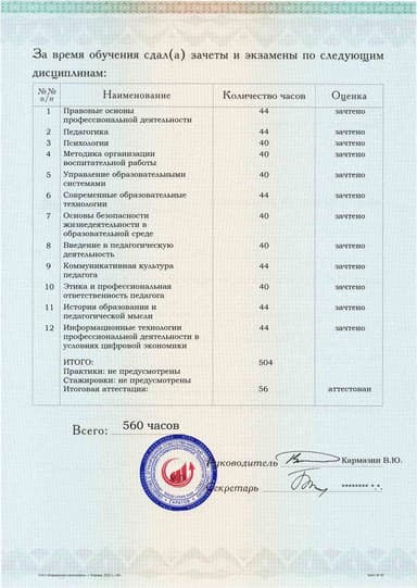 Образец приложения оборотная сторона (аттестационная работа) по программе Педагог-организатор