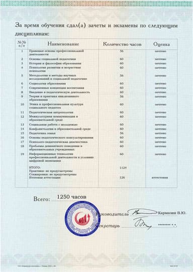 Образец приложения оборотная сторона (аттестационная работа) по программе Социальная педагогика