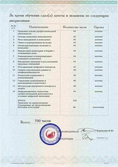 Образец приложения оборотная сторона (аттестационная работа) по программе Комплаенс-менеджер