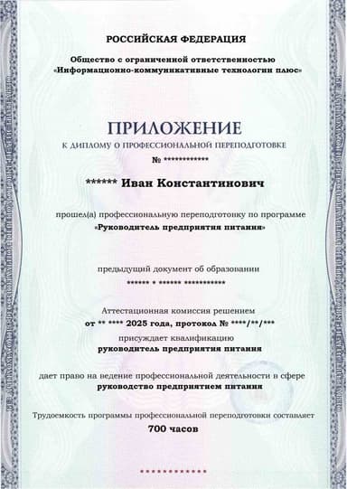 Образец приложения лицевая сторона (итоговое тестирование) по программе Руководитель предприятия питания