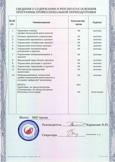 Образец приложения оборотная сторона (итоговое тестирование) по программе Менеджер проектов