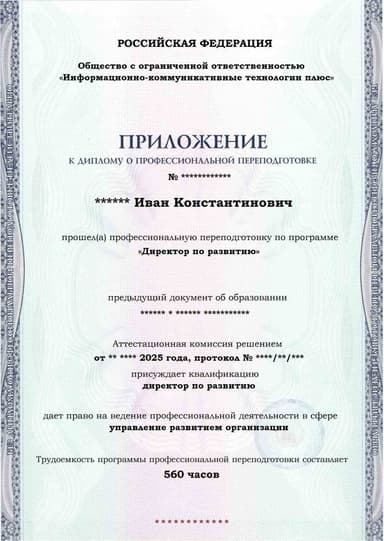 Образец приложения лицевая сторона (итоговое тестирование) по программе Директор по развитию