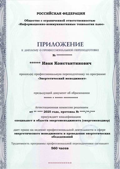 Образец приложения лицевая сторона (итоговое тестирование) по программе Энергетический менеджмент