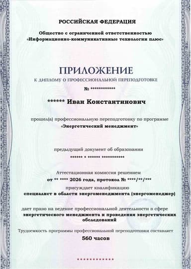 Образец приложения лицевая сторона (итоговое тестирование) по программе Энергетический менеджмент