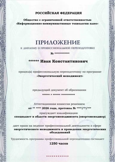 Образец приложения лицевая сторона (итоговое тестирование) по программе Энергетический менеджмент