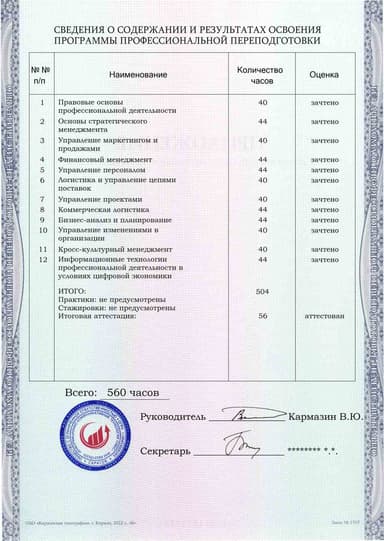 Образец приложения оборотная сторона (итоговое тестирование) по программе Коммерческий директор