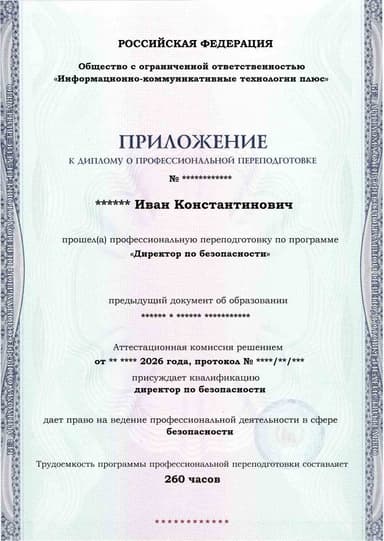 Образец приложения лицевая сторона (итоговое тестирование) по программе Директор по безопасности