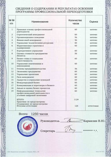 Образец приложения оборотная сторона (итоговое тестирование) по программе Генеральный директор