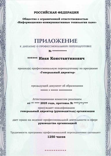 Образец приложения лицевая сторона (итоговое тестирование) по программе Генеральный директор