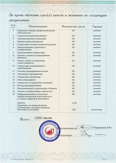 Образец приложения оборотная сторона (аттестационная работа) по программе Генеральный директор