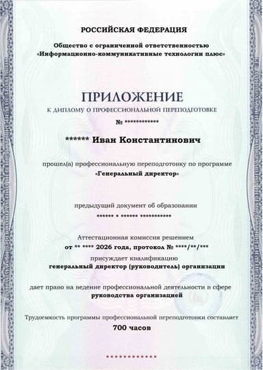 Образец приложения лицевая сторона (итоговое тестирование) по программе Генеральный директор