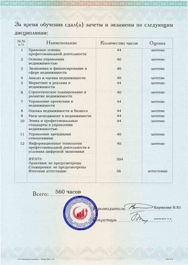 Образец приложения оборотная сторона (аттестационная работа) по программе Управление недвижимостью