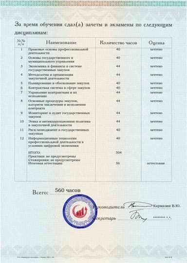 Образец приложения оборотная сторона (аттестационная работа) по программе Управление государственными и муниципальными закупками