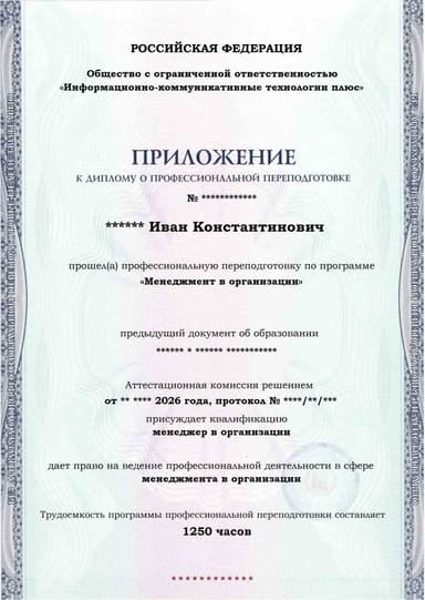 Образец приложения лицевая сторона (итоговое тестирование) по программе Менеджмент в организации