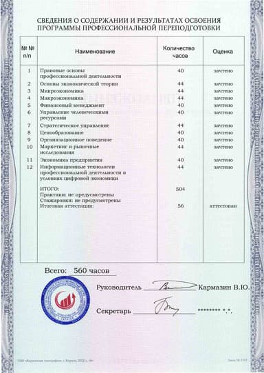 Образец приложения оборотная сторона (итоговое тестирование) по программе Экономика и управление в организации