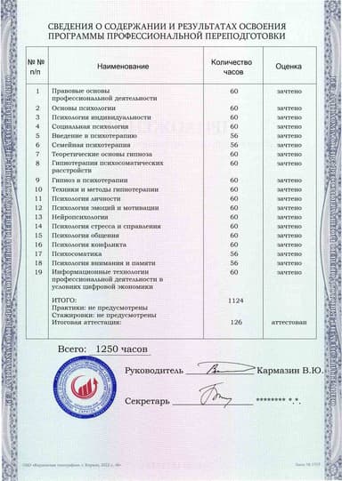 Образец приложения оборотная сторона (итоговое тестирование) по программе Психология (со специализацией гипноз и гипнотерапия)