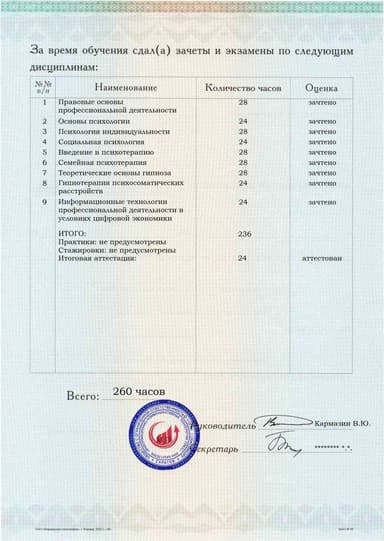 Образец приложения оборотная сторона (аттестационная работа) по программе Психология (со специализацией гипноз и гипнотерапия)