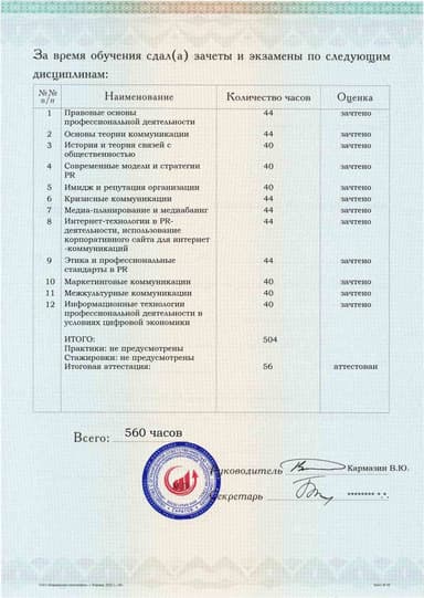 Образец приложения оборотная сторона (аттестационная работа) по программе Директор по связям с общественностью
