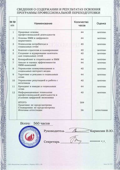 Образец приложения оборотная сторона (итоговое тестирование) по программе SMM-менеджмент