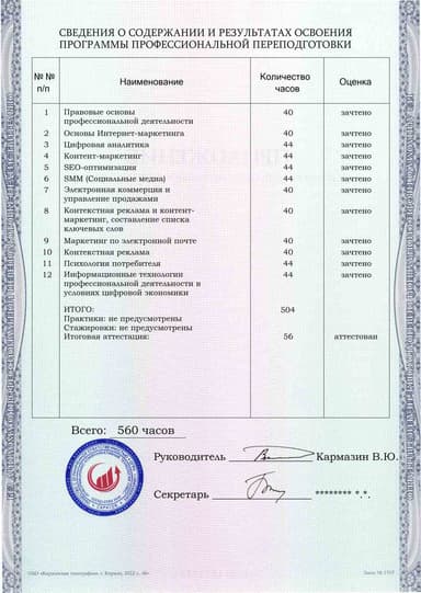 Образец приложения оборотная сторона (итоговое тестирование) по программе Интернет-маркетинг