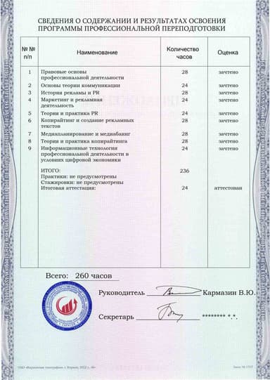 Образец приложения оборотная сторона (итоговое тестирование) по программе Реклама и связи с общественностью