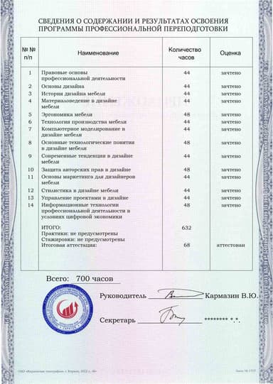 Образец приложения оборотная сторона (итоговое тестирование) по программе Дизайн мебели