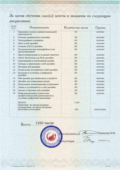 Образец приложения оборотная сторона (аттестационная работа) по программе Web-дизайн