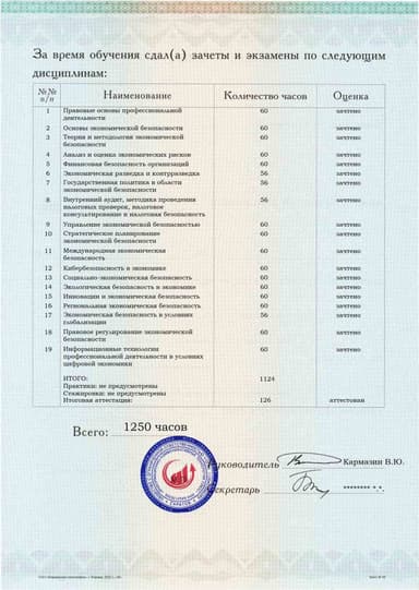 Образец приложения оборотная сторона (аттестационная работа) по программе Экономическая безопасность