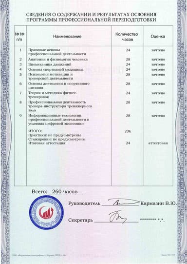 Образец приложения оборотная сторона (итоговое тестирование) по программе Инструктор тренажерного зала