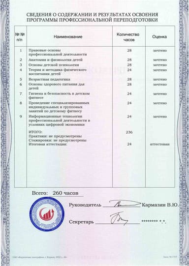 Образец приложения оборотная сторона (итоговое тестирование) по программе Детский фитнес