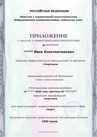Образец приложения лицевая сторона (итоговое тестирование) по программе Спортсмен