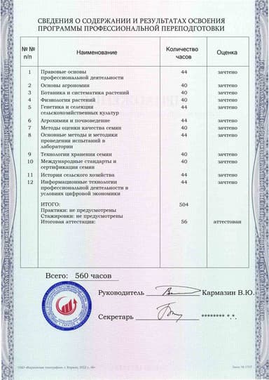 Образец приложения оборотная сторона (итоговое тестирование) по программе Лаборант по испытанию и апробации семян сельскохозяйственных культур