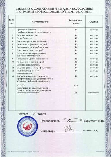Образец приложения оборотная сторона (итоговое тестирование) по программе Рыбоводство